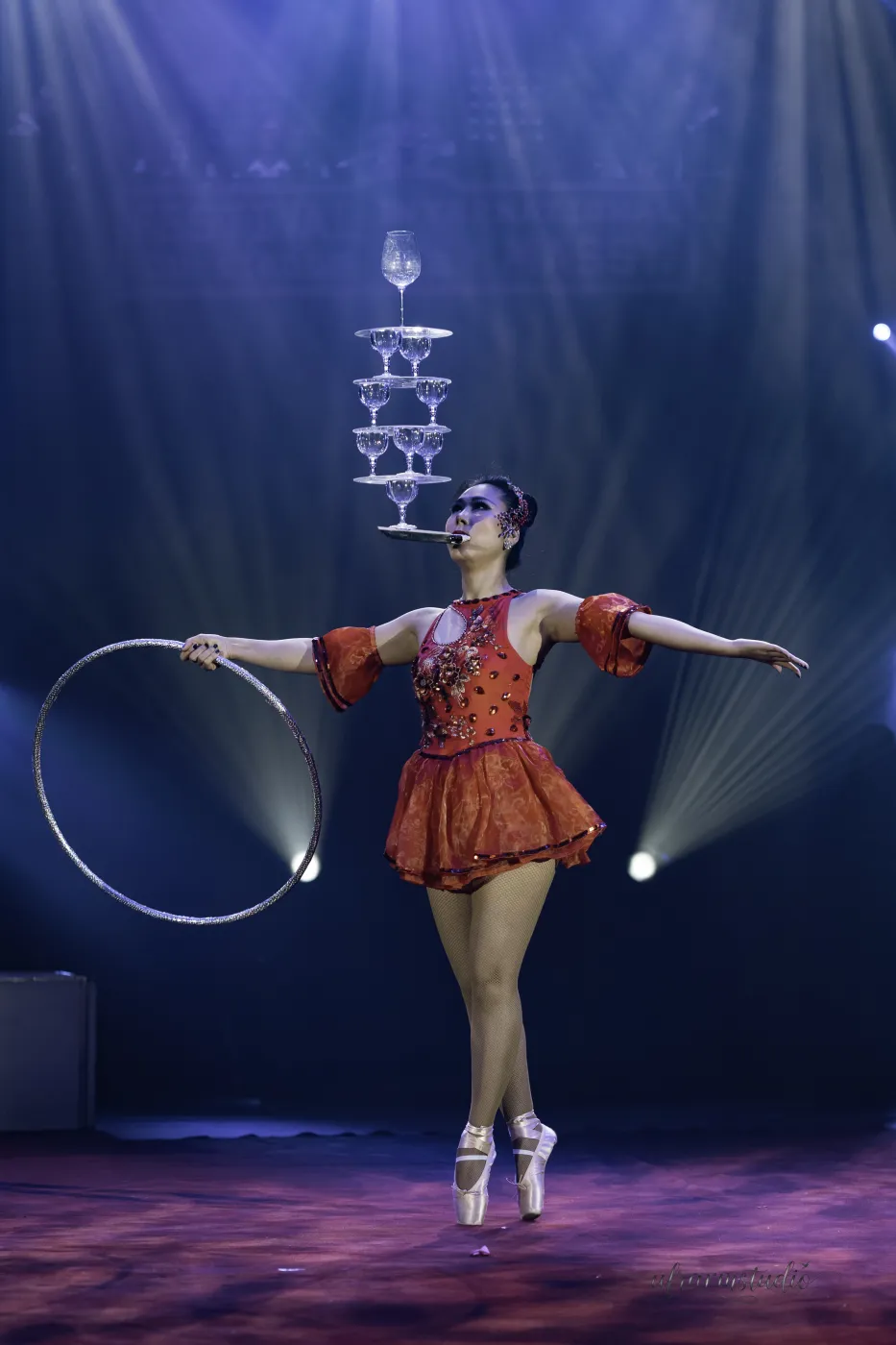 Dynamischer Reifen-Act in Rot beim Erfurter Weihnachtscircus